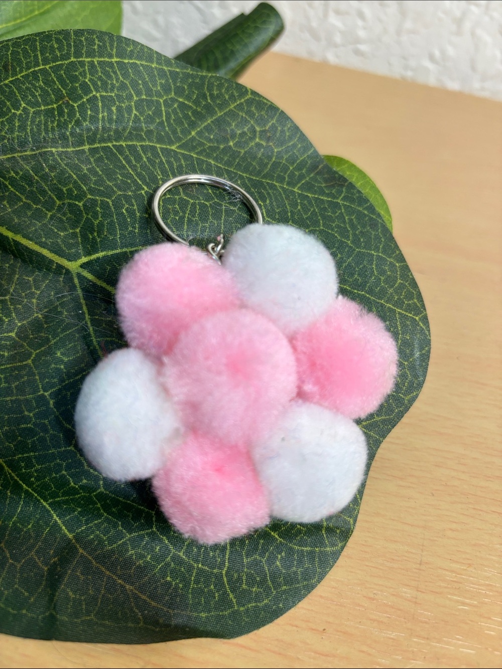 Pink & White Pom-Pom Keychain Charm - Home Art Accessory